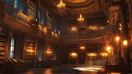 Obraz premium Grand, opulent library; bookshelves, chandeliers, warm light.