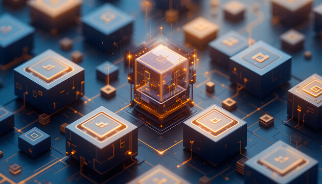 Futuristic Blockchain Technology Concept with Glowing Microchip Cubes

