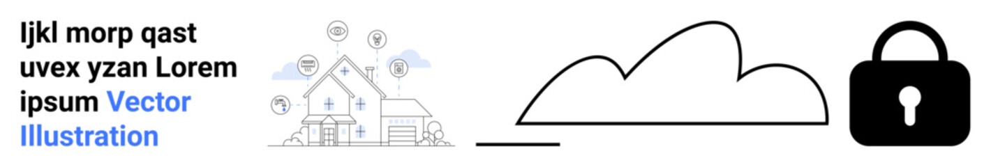 House with connected devices, cloud outline, padlock for cybersecurity. Ideal for cloud protection, smart home security, data privacy, IoT safety, network encryption, technology systems simple