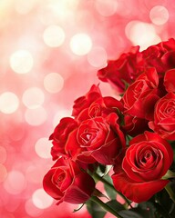 A vibrant bouquet of red roses elegantly arranged against a soft, dreamy background filled with blurred bokeh lights, perfect for romantic occasions and celebrations