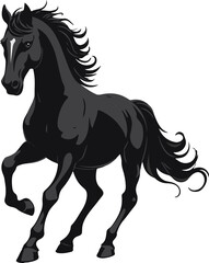 Vector image of a black horse with a beautiful mane and a lush tail.