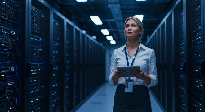 A woman holding a tablet in a server room