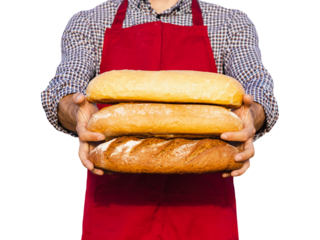 Isolated man baker in red apron holding three loaves of bread