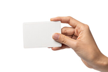 Obraz premium A human hand grips a clean, blank white card. Represents potential, anonymity, or identity – an open canvas ready for meaning, message, or memory, isolated on a transparent background