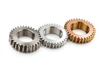 Three metallic gears interlocked, symbolizing teamwork, collaboration, and synergy in a mechanical system.