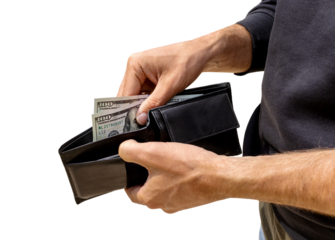 Cutout of black leather wallet with US dollar bills in the hands of a male person