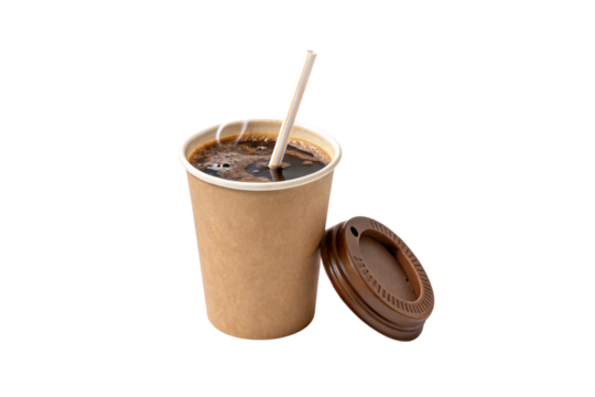 A steaming cup of black coffee with a striped straw inserted. Lid rests beside the cup. The surface bubbles, rich and inviting. Simple, practical takeaway design, isolated on a transparent background