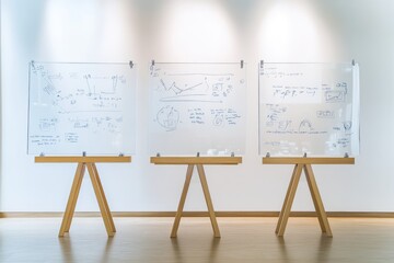 Three glass boards on wooden easels display hand-drawn diagrams, charts, and equations, suggesting a brainstorming or design session.
