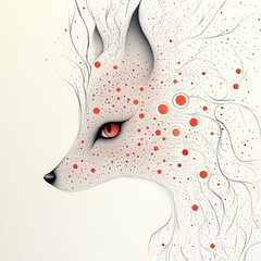 Side profile of fox illustration with red circles and flowing lines
