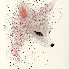 Fox illustration with swirling red and black dot pattern