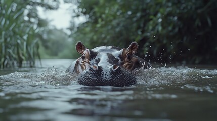 Fototapeta premium Hippopotamus in River, Serene Wildlife Photography