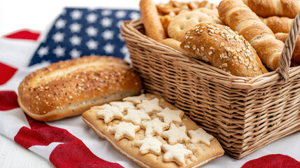 Assortment Of Baked Goods In Basket On Patriotic Tablecloth
