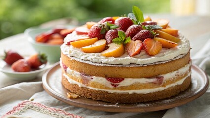Delicious Layered Sponge Cake with White Frosting, Fresh Strawberries, Peach Slices, and Mint Leaves - Perfect Dessert for Special Occasions