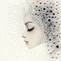 Profile of dreamy girl with dotted and web-like abstract hair