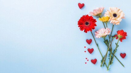 Colorful flowers with hearts on a textured blue background.