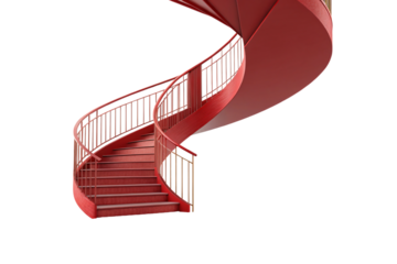 Red spiral staircase reveals more detail. Its golden-toned railings complement the rich red hue, emphasizing elegant curves and inviting upward ascent, isolated on a transparent background