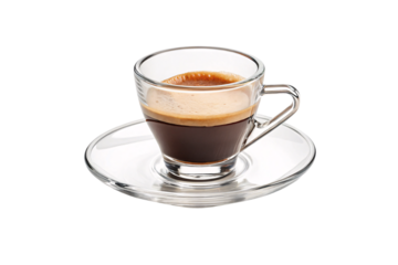 Side view of an elegant espresso shot in a clear glass cup, creamy top layer gleaming—ready to awaken senses with a bold, satisfying flavor, isolated on a transparent background