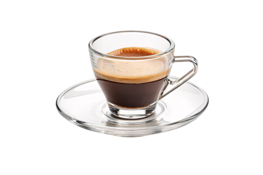 Side view of an elegant espresso shot in a clear glass cup, creamy top layer gleaming—ready to awaken senses with a bold, satisfying flavor, isolated on a transparent background