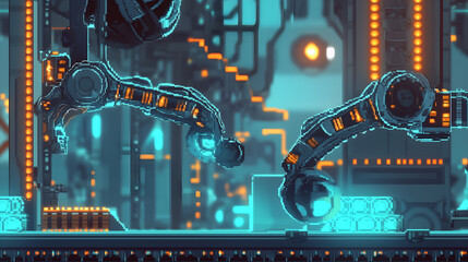 Obraz premium Futuristic space colony manufacturing plant with robotic assembly lines