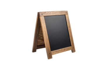 Sturdy wooden sidewalk sign with a smooth, blank blackboard. Ideal for creative announcements, coffee shop promotions, or artistic doodles in urban or cozy settings, isolated on transparent background