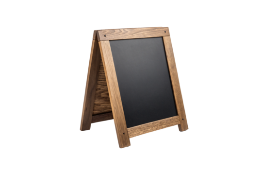 Sturdy wooden sidewalk sign with a smooth, blank blackboard. Ideal for creative announcements, coffee shop promotions, or artistic doodles in urban or cozy settings, isolated on transparent background