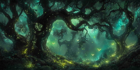 Mystical glowing forest with ancient trees and magical symbols