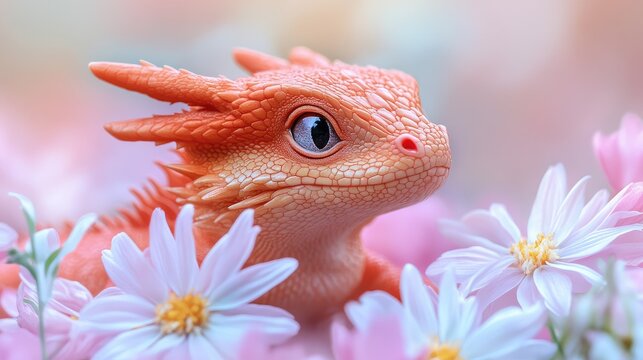 Orange dragon lizard among pink flowers, fantasy, springtime