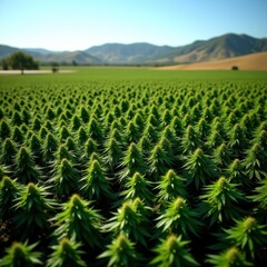 Cannabis plantation with green leaves and resinous buds.