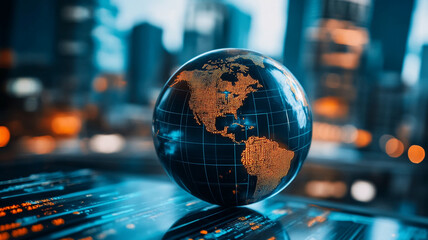 digital globe representing global economic risk and investment trends in modern cityscape