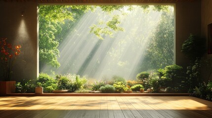 Serene Sunlight: A Tranquil Garden View Through a Modern Window