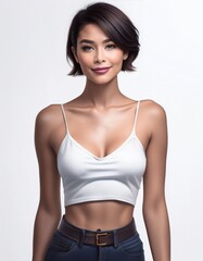 Fototapeta premium studio portrait of a brunette woman with short hair wearing a low cut white top with nude shoulders on a white background, fashion photography