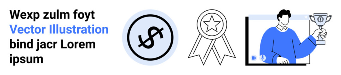 Obraz premium Dollar sign with circular outline, star in award ribbon, person holding trophy. Ideal for business, finance, recognition, success, motivation, awards simple landing page