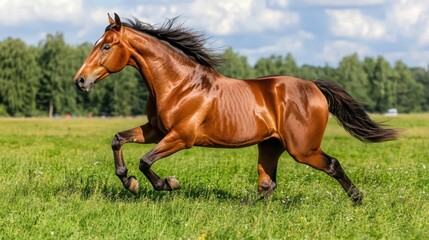 Fototapeta premium A chestnut horse runs through a sun-drenched meadow on a warm summer day
