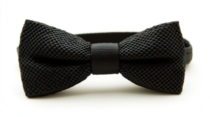 A classic black bow tie with a sleek texture on a crisp white background