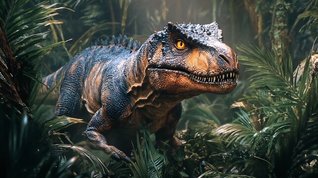 Ferocious Tarbosaurus stalking through a prehistoric jungle its amber eyes gleaming under the dappled light The thick foliage rustles as the predator moves stealthily preparing for the perfect ambush