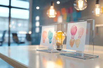 Colorful light bulb drawings displayed in glass cases symbolize creative ideas and innovation in a modern office setting.