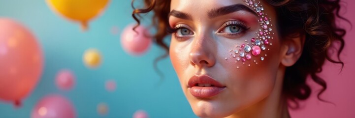 Naklejka premium Close-up, gem-encrusted makeup, floating balloons background, elegant, shine