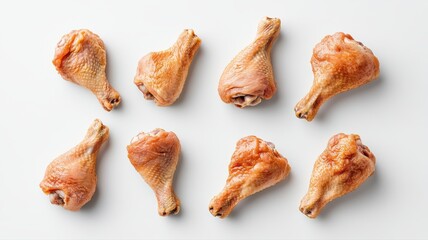 Top view of eight baked chicken drumsticks arranged neatly on a white background, showcasing golden crispy skin.