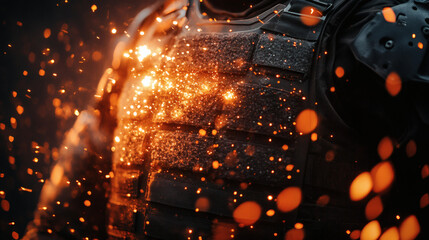 Obraz premium Detailed Military Armor with Orange Fire Sparks Overlay on Dark Background