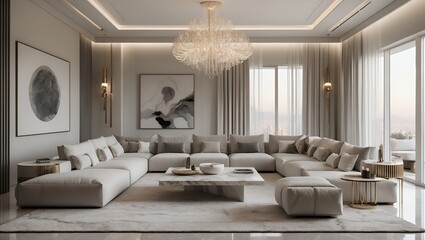 Plush sectional sofa anchors a bright, luxurious living room. View through windows