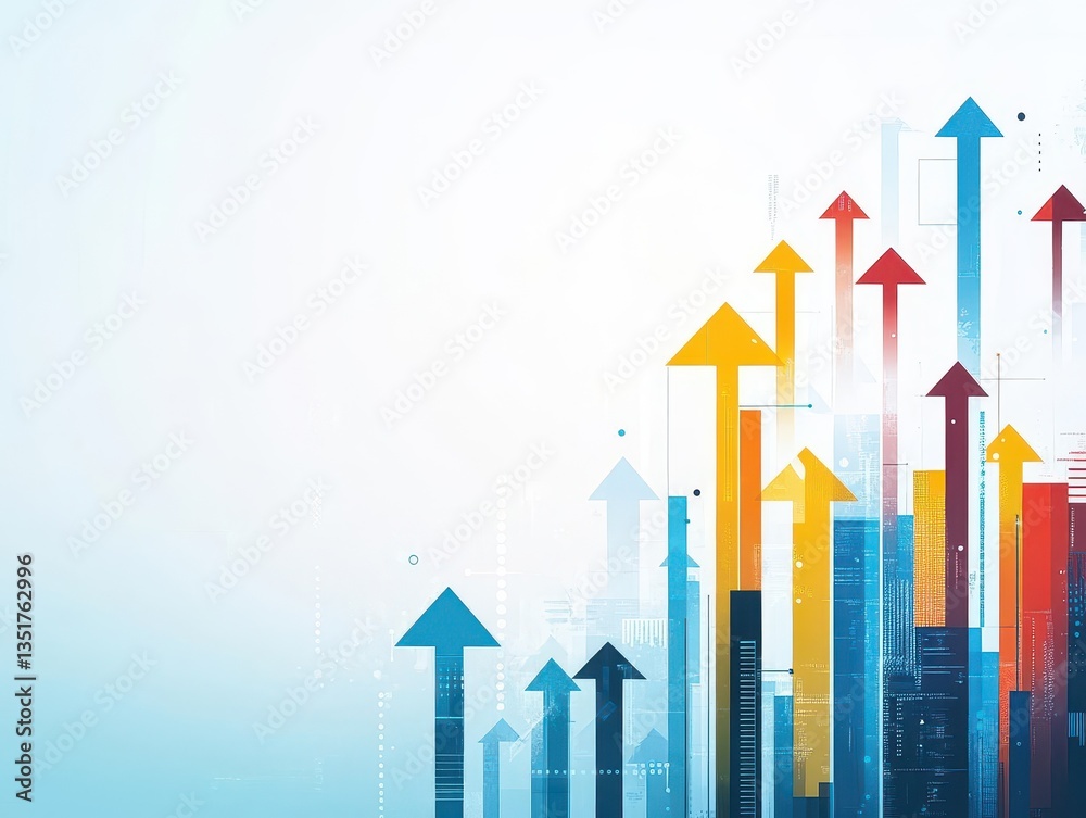 Poster Urban cityscape with colorful arrows indicating direction and movement within a dynamic city environment