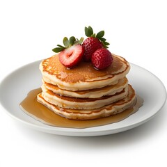 Fluffy pancakes, strawberries, syrup, breakfast, white plate, studio, food photography, recipe