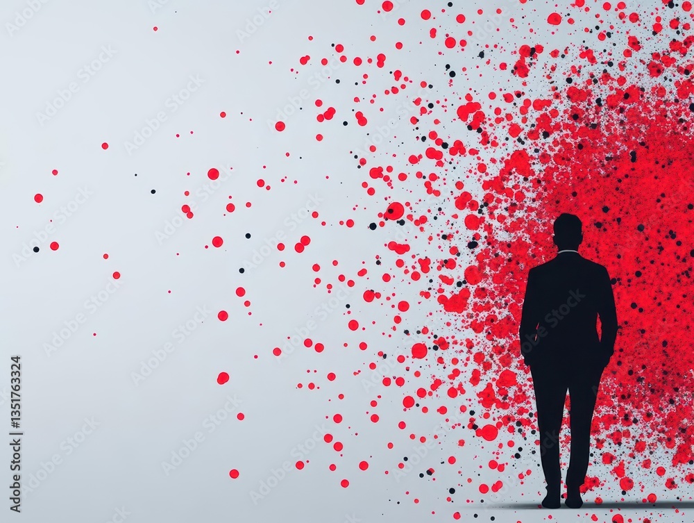 Aufkleber Silhouette of a man in a suit standing in front of a striking red and black splat abstract art background