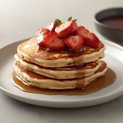 Fluffy pancakes, strawberry topping, maple syrup, studio shot, breakfast food