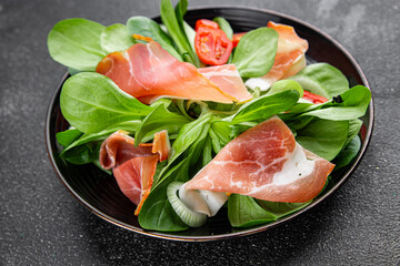 Jambon salad jamon meat vegetables dish fresh delicious gourmet food background on table rustic food top view copy space