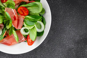 Jambon salad jamon meat vegetables dish fresh delicious gourmet food background on table rustic food top view copy space