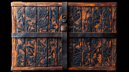 Intricate wood carving adorns antique chest, secured with leather straps and metal clasp