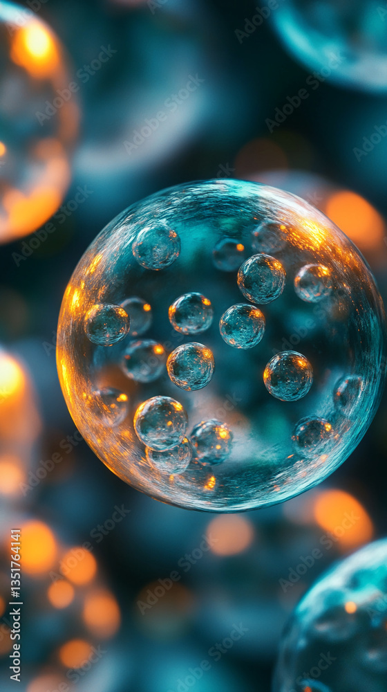 Poster Close-up of translucent teal spheres containing smaller spheres, creating a depth and texture effect symbolizing cellular structure or cosmic elements, ideal for science or abstract designs