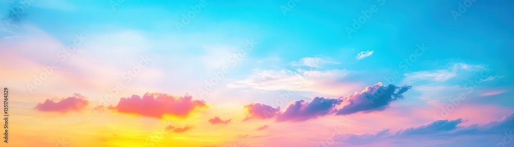 Poster Vibrant sunset with fluffy clouds casting a beautiful array of colors over the horizon at dusk creating serenity