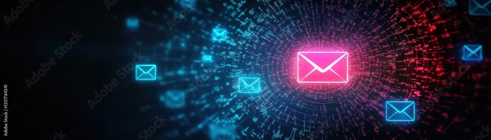 Poster Bold red and blue email symbol surrounded by a deep black background creating a striking visual representation
